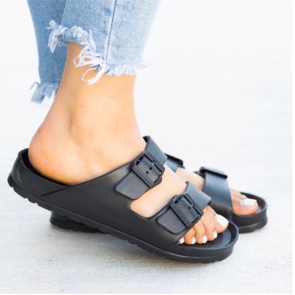 Black Pool Party Slides w/ 2 adjustable straps